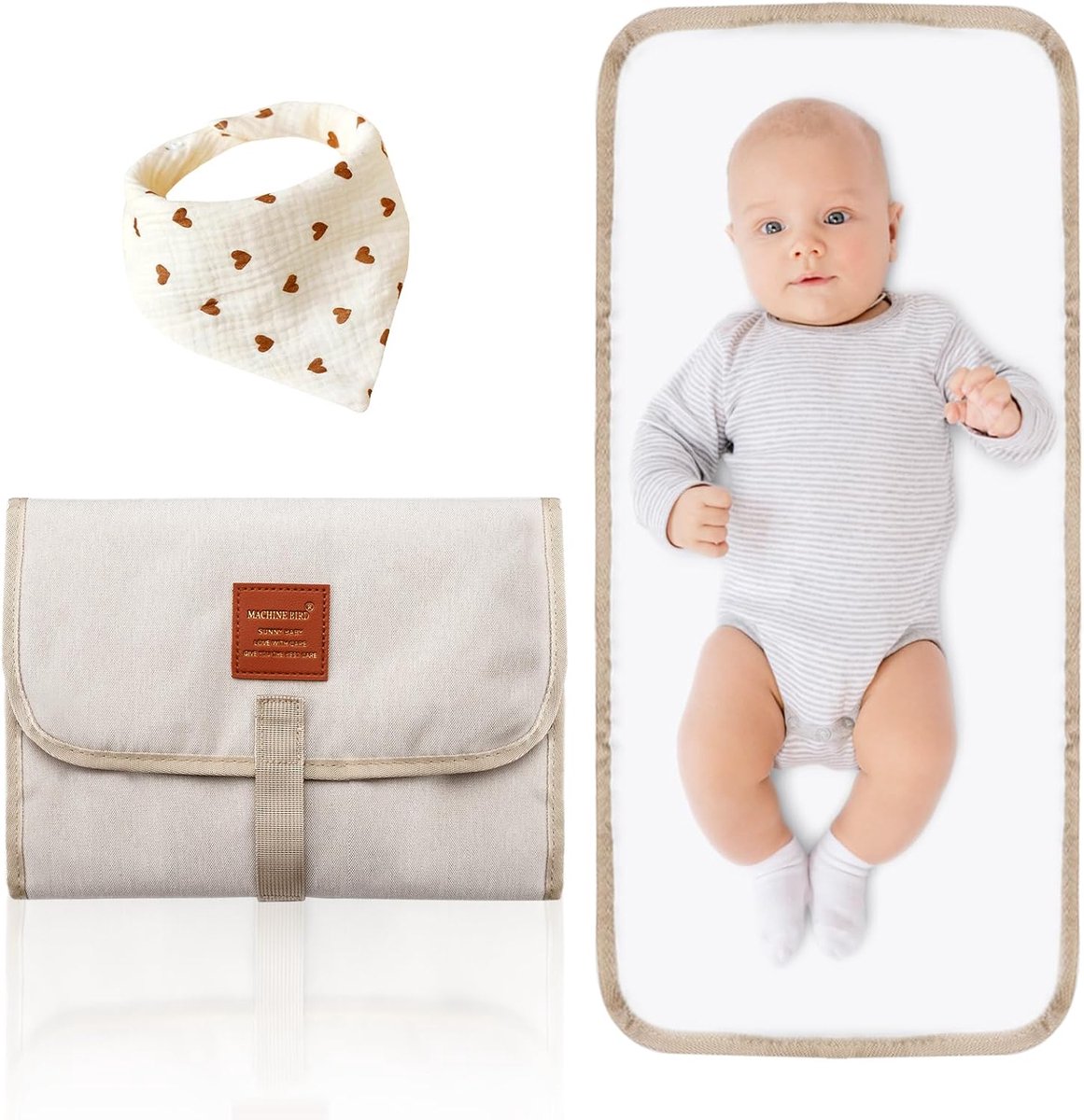 SnelShoppen - 1 Stuk Vouwbare Baby Verzorgmat voor Onderweg - Draagbare Waterdichte Verschoonmat met 3 Stuks Driehoekige Muslin Slabbetjes - Ideaal vo