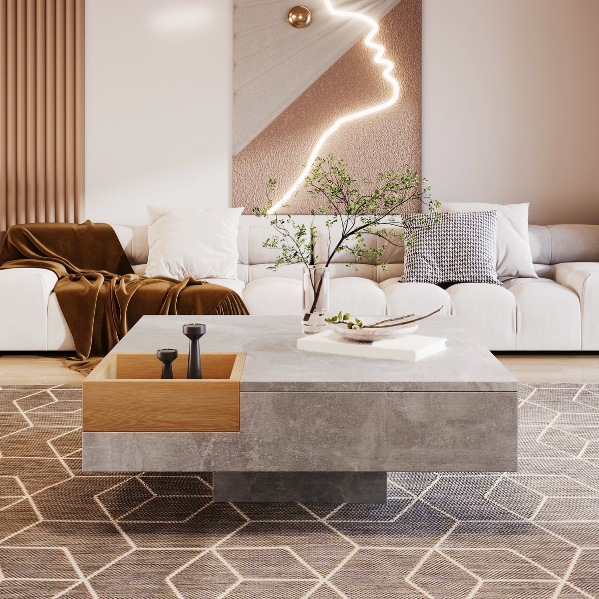 COVREO Salontafel 72x72x30 cm - betongrijs en houtkleur, met uitneembare opbergbox