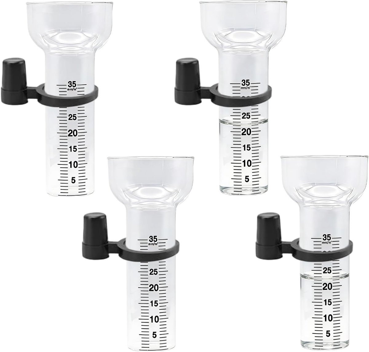 SnelShoppen - 4 stuks Regenmeters 35 mm - Duurzaam Borosilicaatglas Neerslagmeter met Houder - Trechtervormige Regenmeter voor Tuin, Buiten, Binnenpla