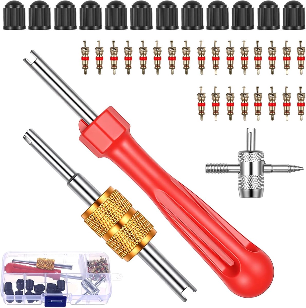 SnelShoppen - Car Valve Wrench Set met 1 Valve Turners, 1 Double Valve Core Remover, 25 Brass Valve Cores, 12 Plastic Valve Caps en Opslagdoos voor Au