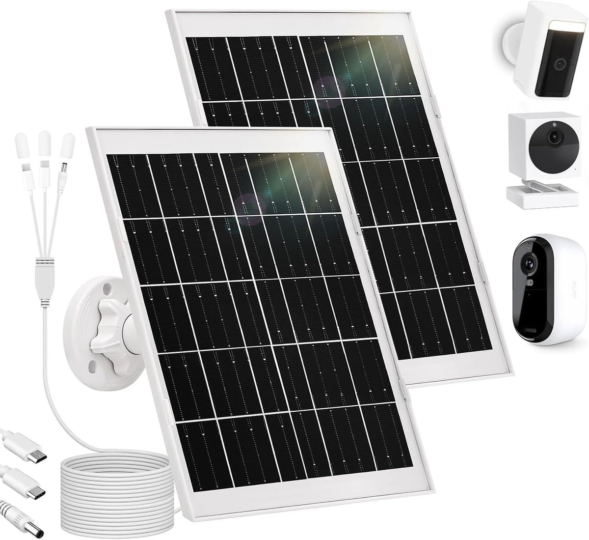 SnelShoppen - 8W Zonnepaneel voor Bewakingscamera Buiten - Accu met 3-in-1 USB-C/Micro/DC, 360° Houder en 3m Kabel - 5V Zonnepaneel voor Arlo, Reolink