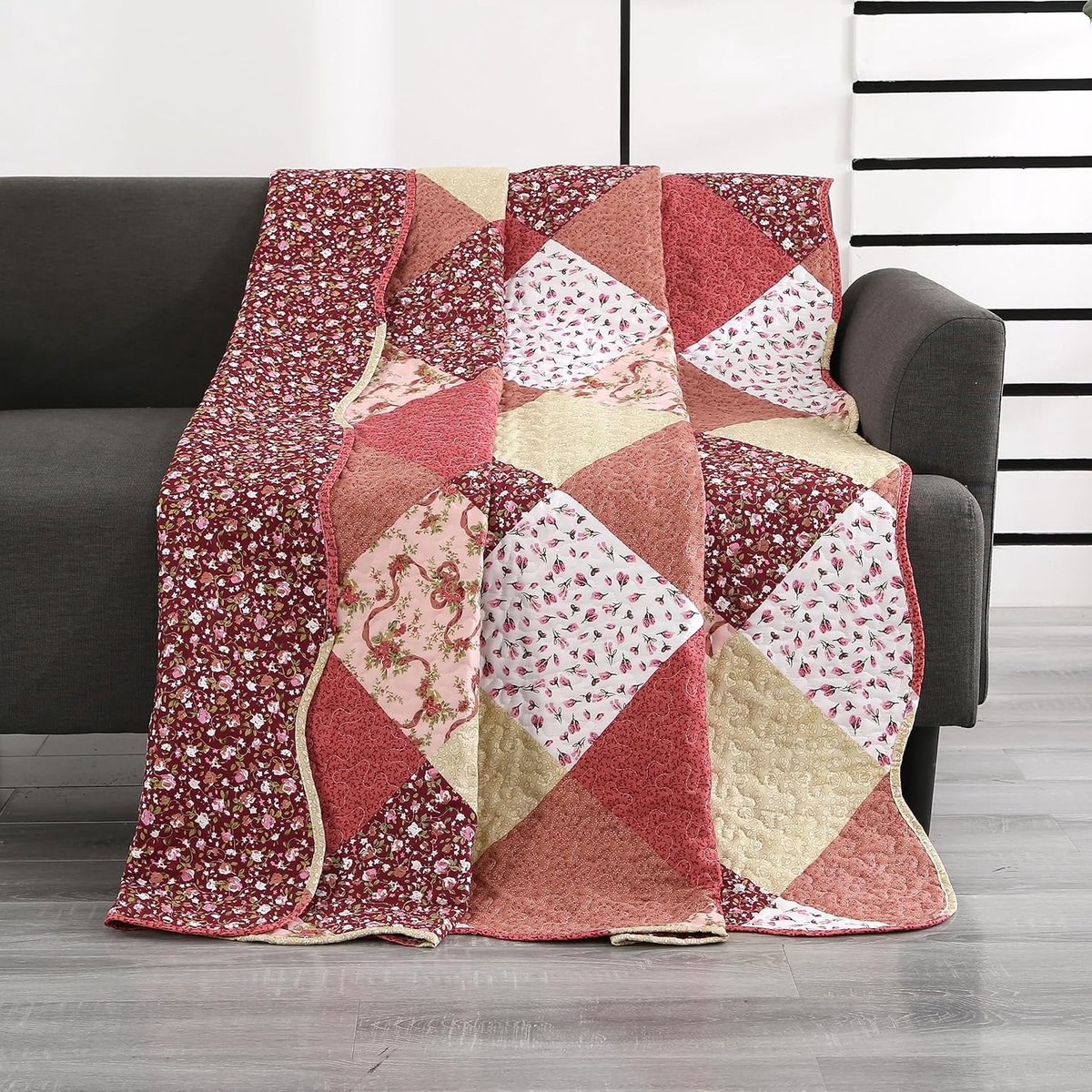 SnelShoppen - Patchwork Bedspread 150 x 200 cm - Reversible Multi-Kleurige Roze Dekbedovertrek - Quilted Bedsprei voor Eenpersoonsbed - 100% Polyester