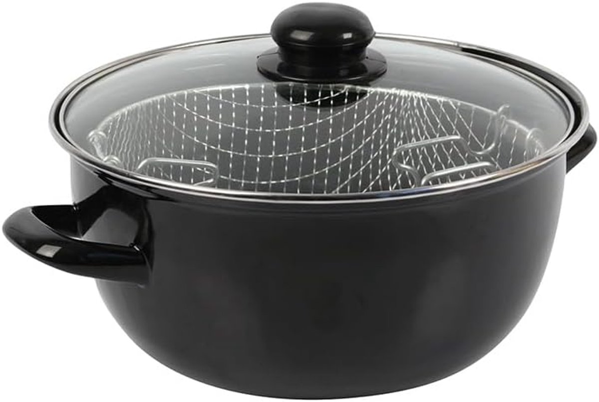 SnelShoppen - Traditionele Friteuse 20 cm - Emaille Staal met Mand en Glazen Deksel - Authentieke Gouden en Knapperige Frieten - Geschikt voor Alle Hi