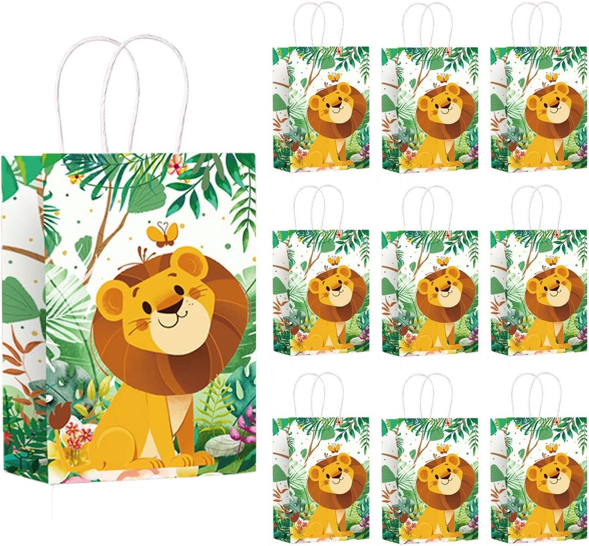 SnelShoppen - 10 Stuks Leeuw Verjaardagszakken Kinderfeest Jungle Kraft Papier Goodies Tassen Handvatten Groene Party Bags voor Kinderen's Verjaardag