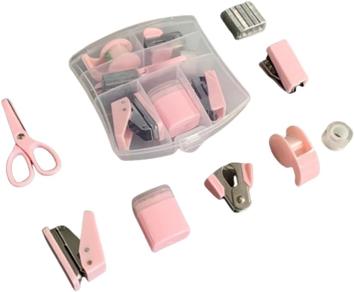 SnelShoppen - 8 delige Kantoor Benodigdheden Set, Schattige Bureau Accessoires Set, Nietmachine Set voor School, Mini Kantoor Benodigdheden, Draagbare