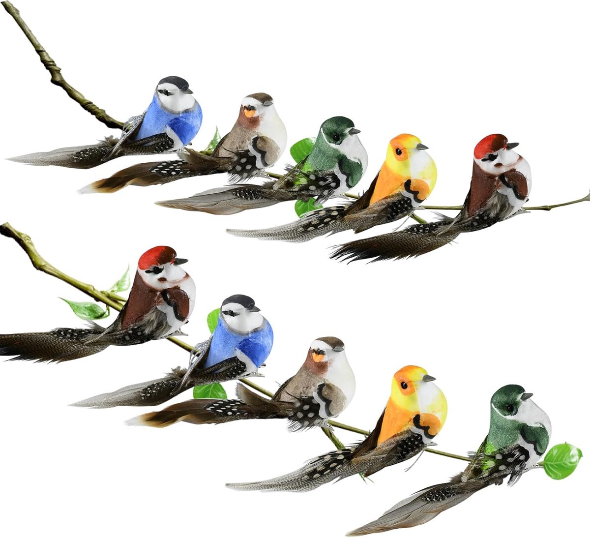 SnelShoppen - Decoratieve Vogel met Clip, Kunstmatige Vogels met Veertjes, Miniatuur Vogelfiguren voor Tuin, Feest en Lente Decoratie, 10 Stuks