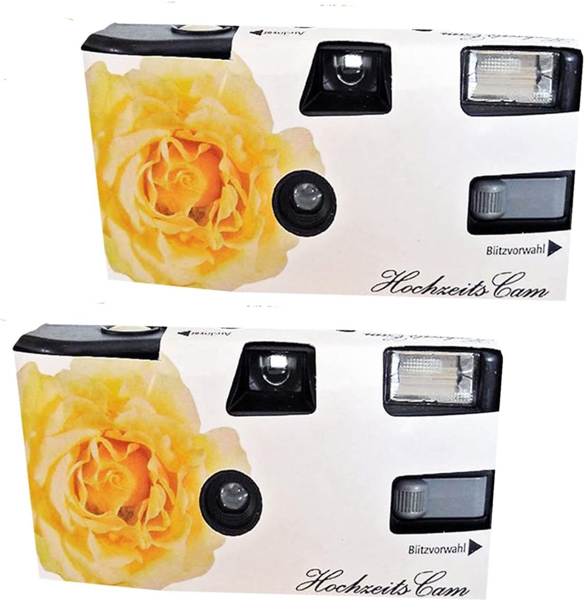 SnelShoppen - 2 x Disposable Camera's met Flits - Foto Camera's voor Feesten, Bruiloften, Kamperen - Geel met Rozen - 27 Opnames per Camera
