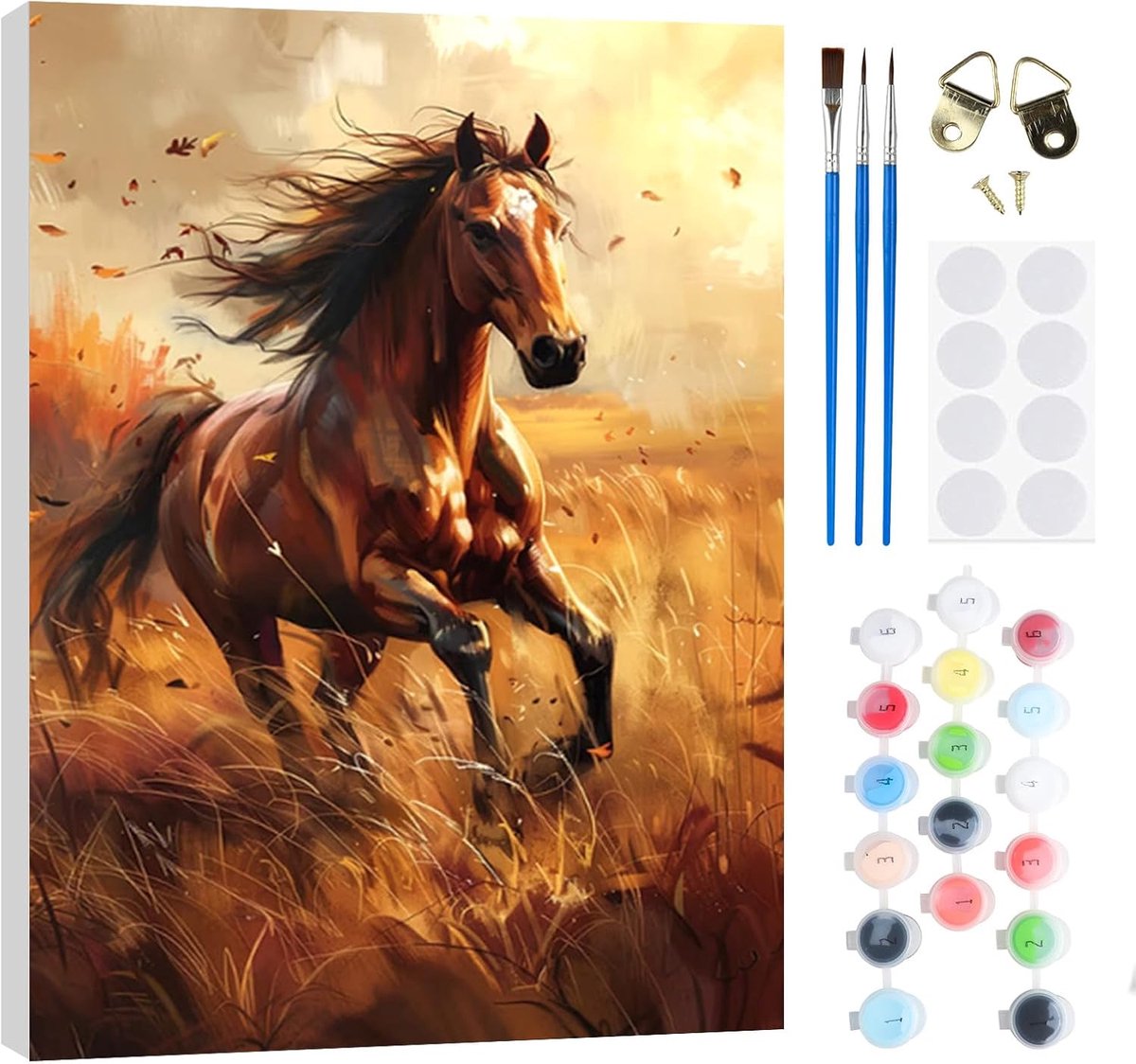 SnelShoppen - Paint by Numbers Set voor Volwassenen en Kinderen - DIY Paarden Schilderij met Olieverf, Houten Frame, 3 Penseel Set en Acrylverf - Crea