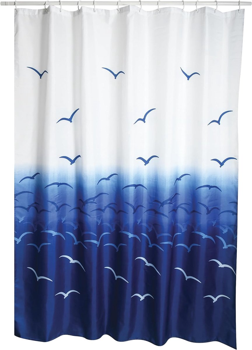 SnelShoppen - Anti-Mould Douchegordijn Seagull - Antibacterieel, Wasbaar, Waterdicht, 180x200 cm, Wit/Blauw/Paarse Design, Inclusief 12 Ringen