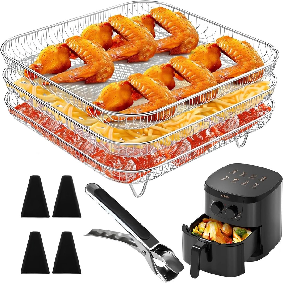 3-laags Stapelbaar Air Fryer Rek, Accessoires voor Airfryer, RVS Grill voor Dehydrator en Oven, Perfect voor Gezond Koken