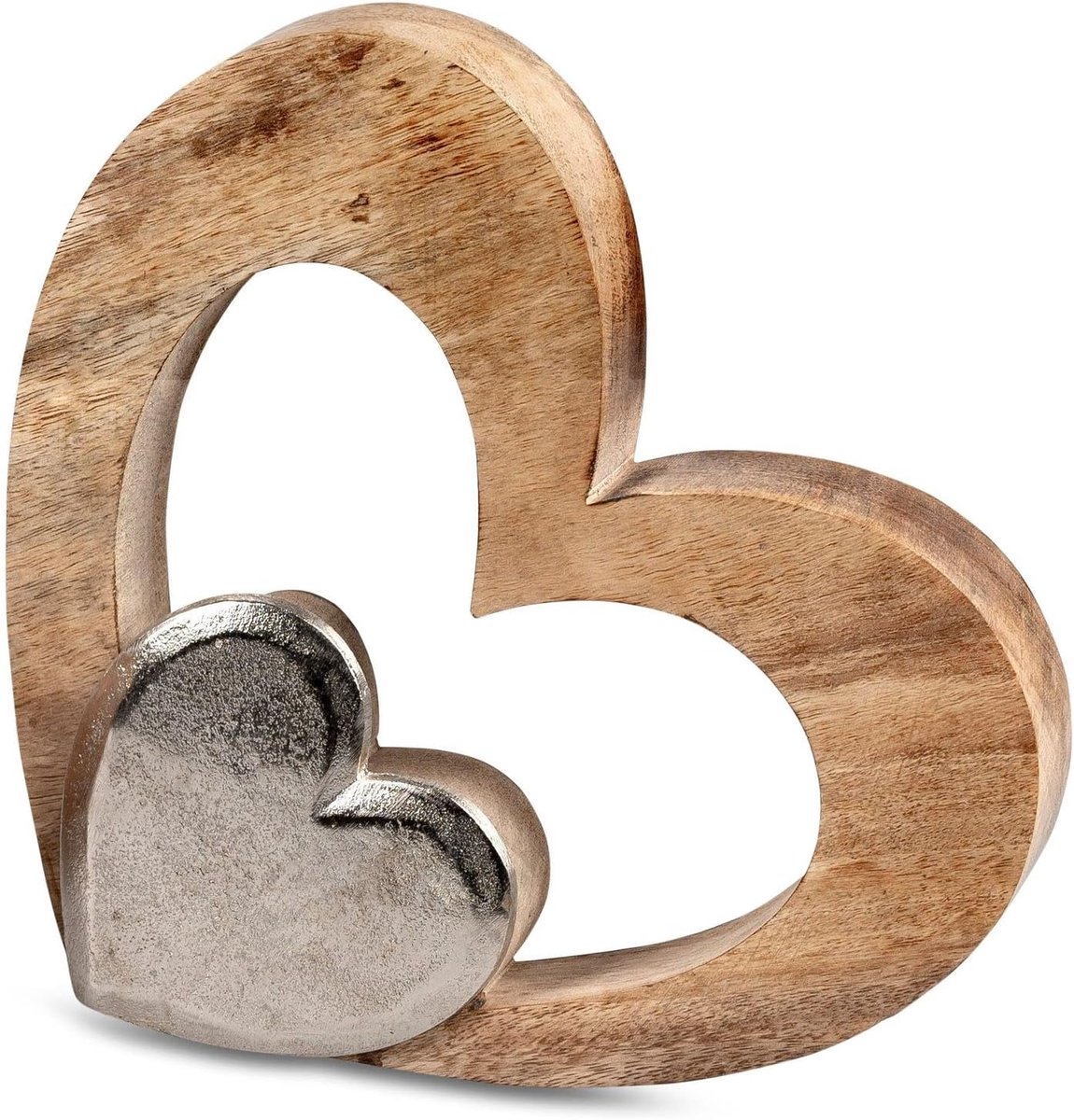 SnelShoppen - Decoratief Hart van Aluminium en Mango Hout - Tafeldecoratie 18 cm - Uniek Interieur Accessoire - Kleur: Zilver/Bruin - Perfect voor Woo
