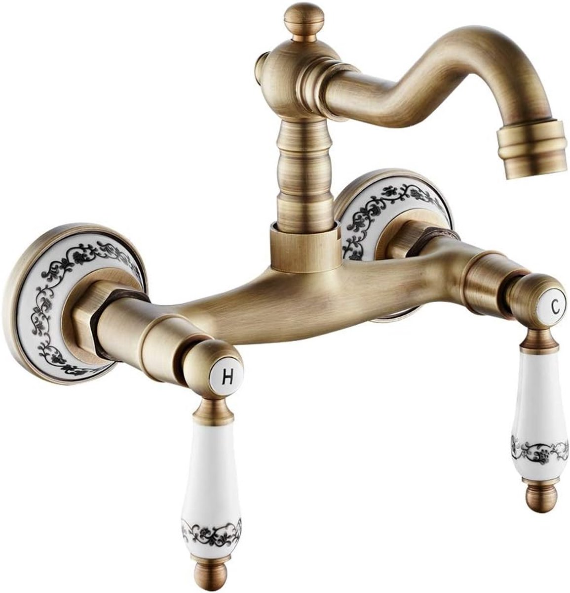 SnelShoppen - Vintage Brass Wandarmatuur met Dubbele Handvaten en 360° Rotatable Keramische Kraan voor Keuken - Hot en Cold