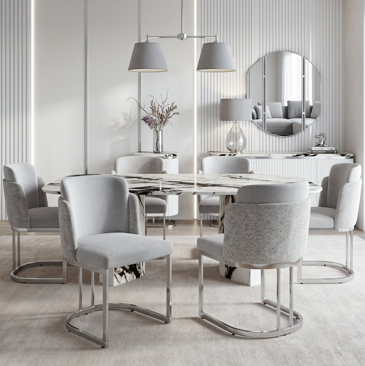 Eetkamerstoel Set Van 6 - Comfortabele En Ademende Stoel Met Dubbele Rugleuning - Voor Eetkamer, Woonkamer En Café - Chenille - Lichtgrijs En Zilver