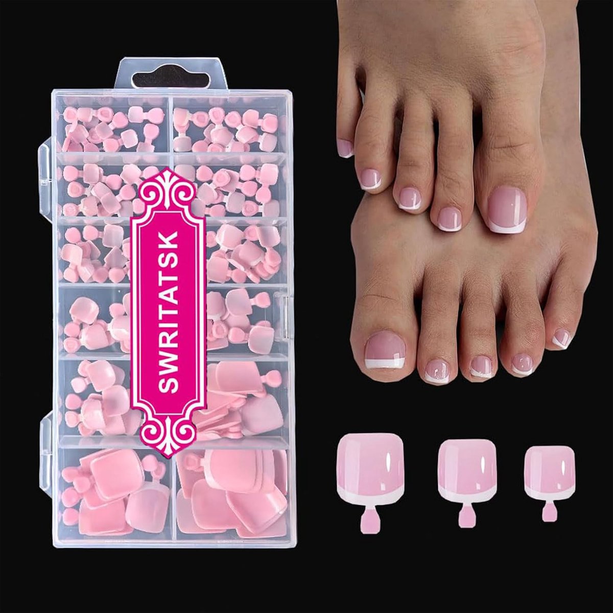 SnelShoppen - 120 Stuks Franse Teennagel Tips, Korte Vierkante Teennagel Stickers voor Vrouwen, Anatomisch Ontwerp, 12 Maten, Roze, Ideaal voor Feest