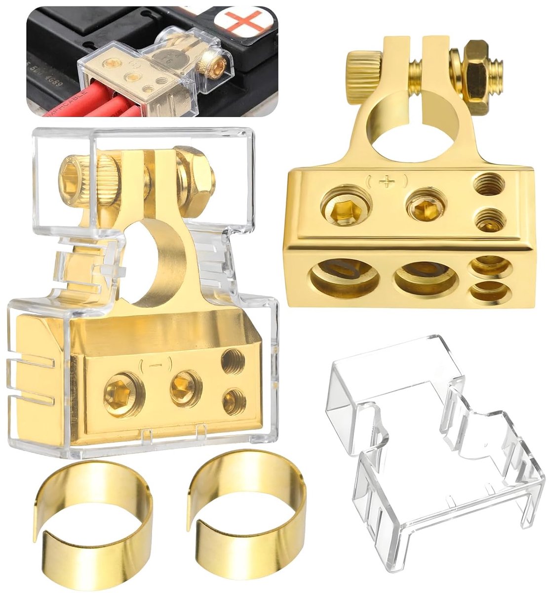 SnelShoppen - Accuklemmen voor Auto - Positieve & Negatieve Accu Terminals met 4 Uitgangen voor 0/2/4/6/8/10 AWG - Goudkleurige Aansluitingen met Besc
