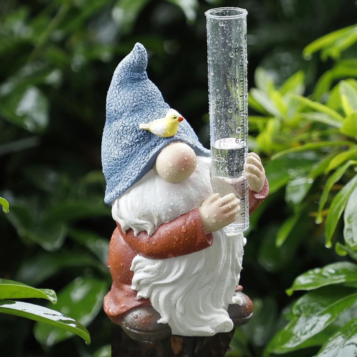 SnelShoppen - Gnome Regenmeter Tuinbeeldje - Handgeschilderde Houten Gnoom met Plastic Regenmeter - Weerbestendige Tuindecoratie voor Buiten - 12cm Me