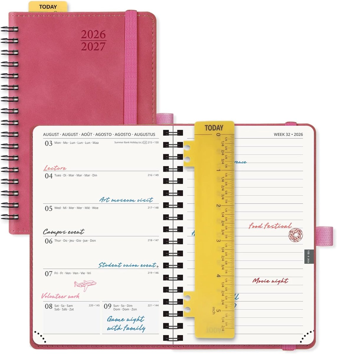 SnelShoppen - POPRUN Agenda Pocket 2026 2027 A6 Weekplanner en Notitieboek 17 Maanden Fuchsia met Zachte Spiral Binding, 80 GSM Papier, 16 x 10.5 cm
