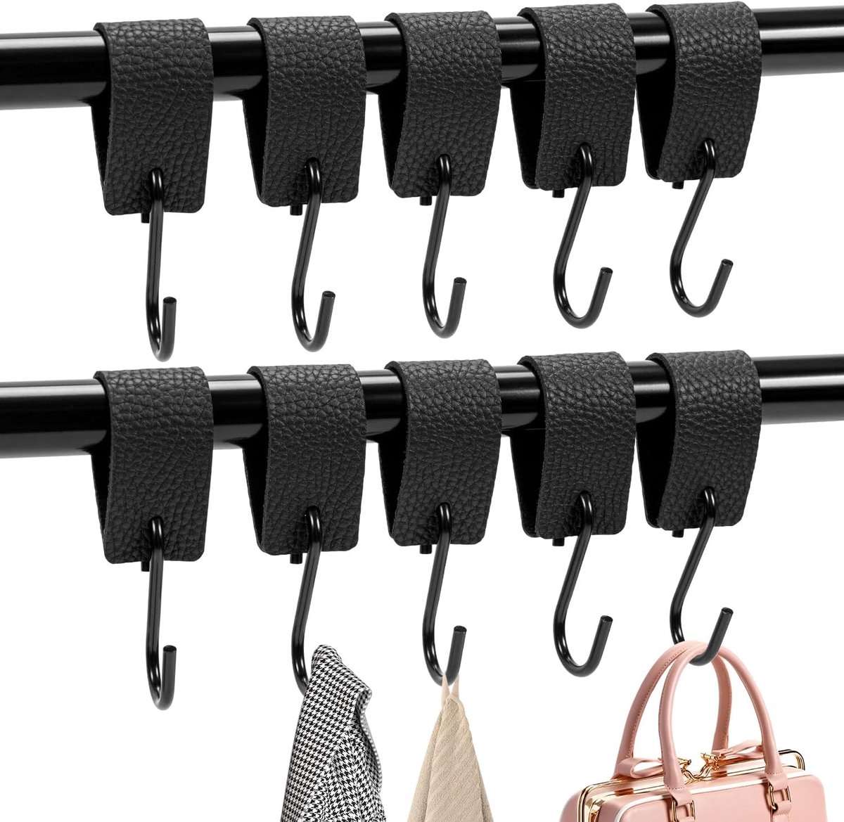 SnelShoppen - 10 Zwarte S Haken met Lederen Lus voor Kledinghangers - Ruimtebesparende Haakjes voor Kleding, Badkamer, Slaapkamer, Woonkamer