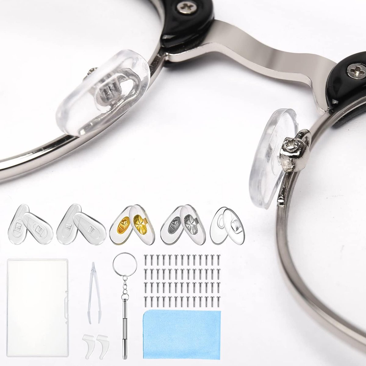 SnelShoppen - Glasses Repair Kit - 25 Pairs Silicone Nose Pads met Schroeven, Schroevendraaier, Pincet en Glazen Doeken voor Brillen