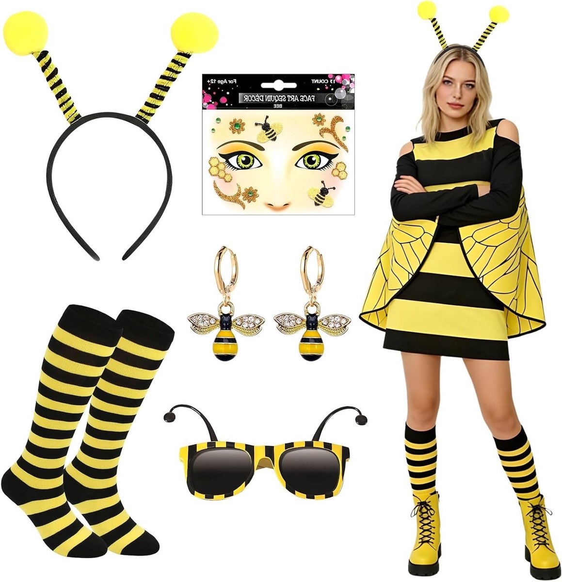 Volwassen bijenkostuum met jurk, haarband, sokken en accessoires voor Halloween, carnaval en themafeesten