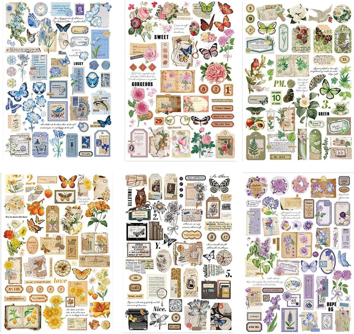 SnelShoppen - Vintage Scrapbooking Stickers Set met Bloemen en Vlinders - 6 Creatieve Washi Papieren Stickers voor Bullet Journal, Dagboek, Notitieboe