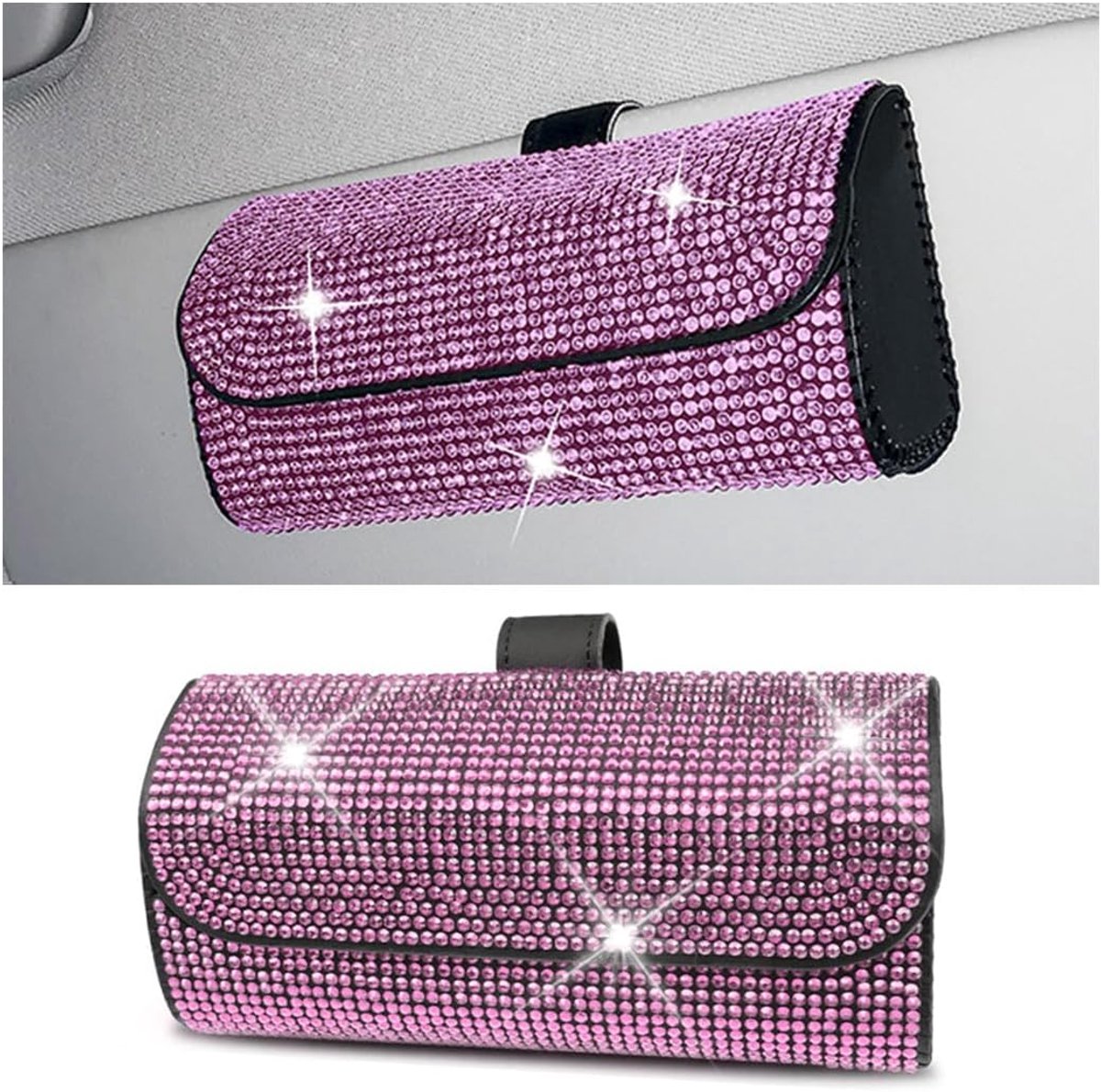 SnelShoppen - Bling Sunglasses Case voor Auto - Kristallen Zonnebril Houder - Microfiber Leder - Roze - Auto Accessoires