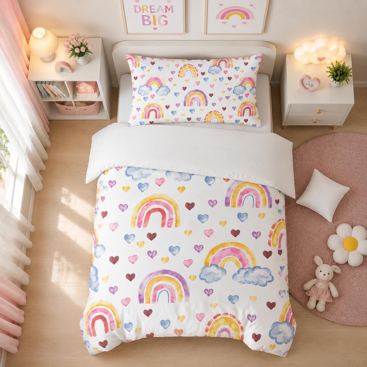 SnelShoppen - Rainbow Dekbedovertrek 90 x 190 cm met Rits, Microfiber Bedtextiel voor Eenpersoonsbed, Kinderen Dekbedovertrek met Kussenhoes 40 x 60 c
