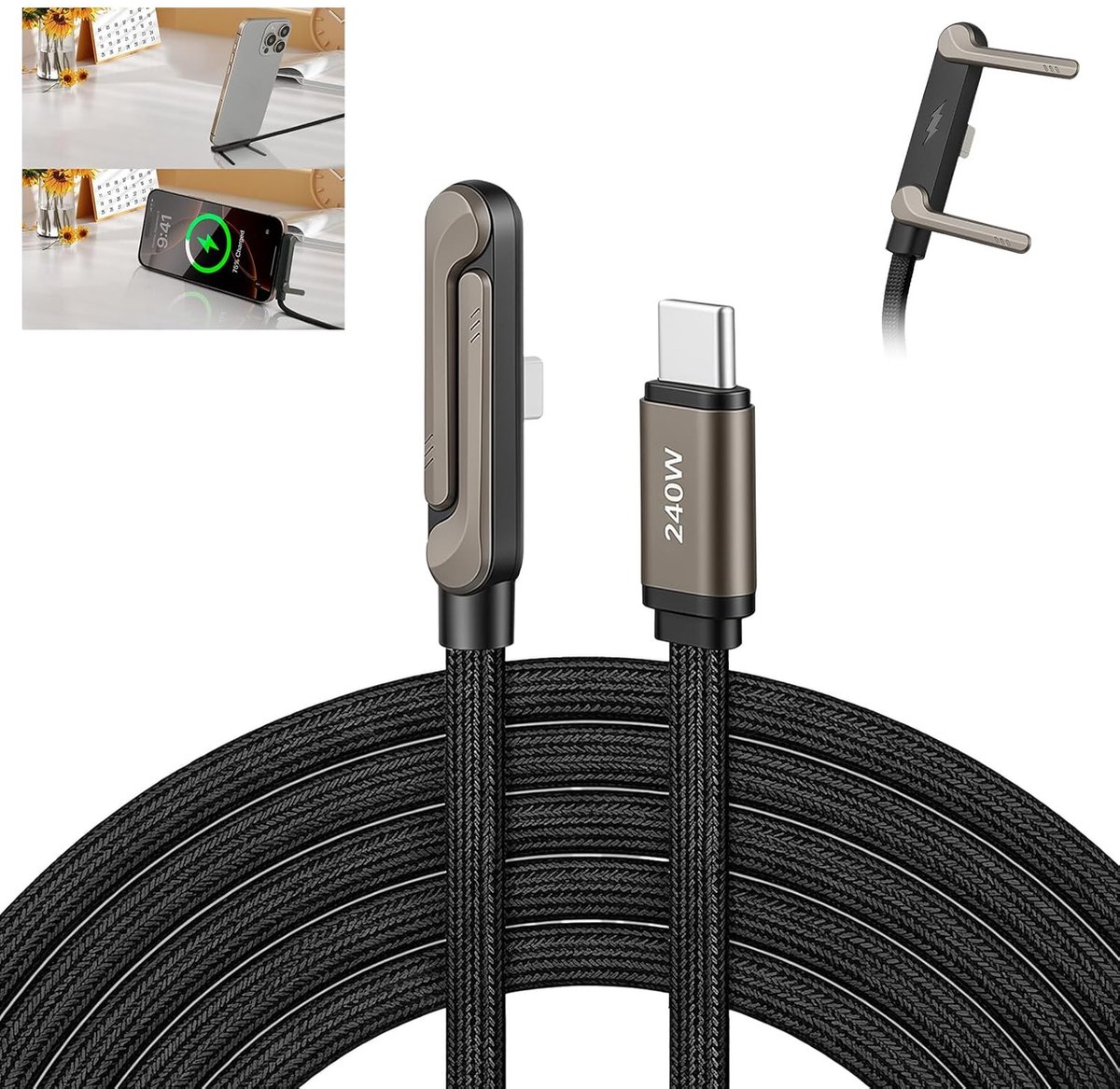 SnelShoppen - 240W Super Snelle 2-in-1 Invisible USB-C Oplaadkabel, Multi Holder, 1.5m, Ideaal voor Smartphones, Laptops, Gaming, Kantoor en Reizen