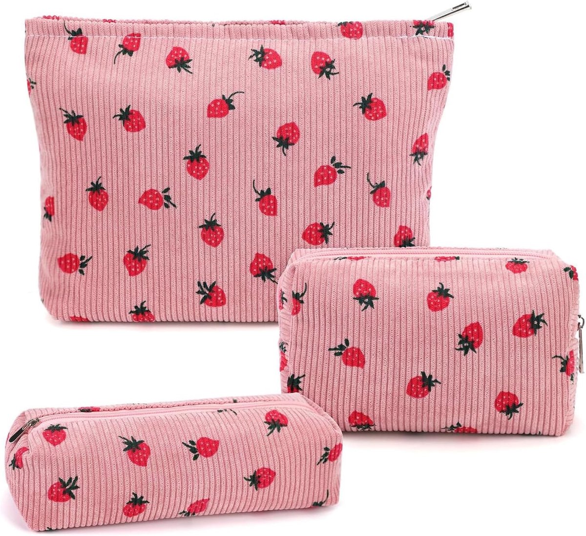 SnelShoppen - Cosmetic Bag met Rits 3 Delen - Draagbare Toilettas Makeup Tas - 3 Maten Multifunctionele Makeup Bag voor Vrouwen - Roze Aardbeien