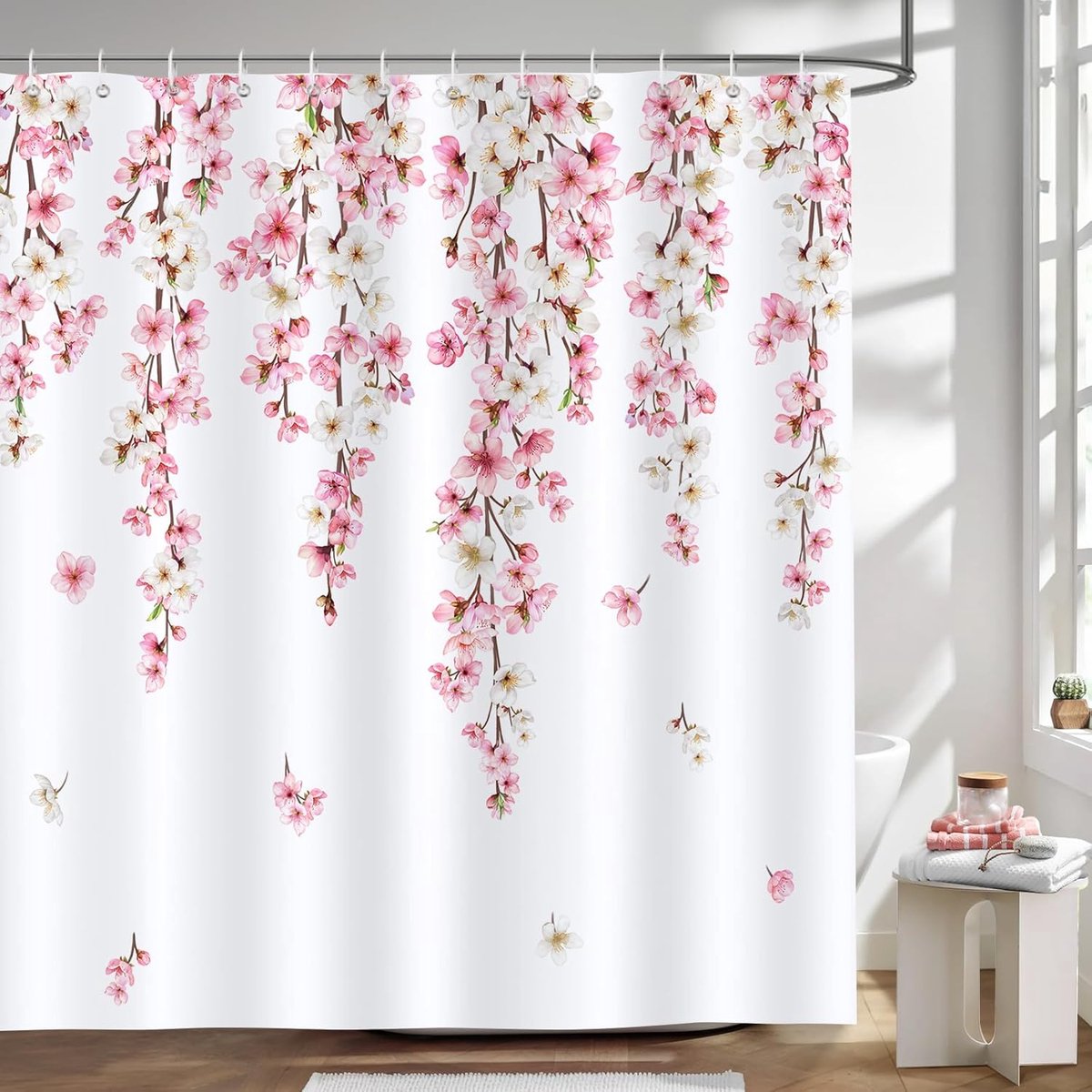 SnelShoppen - Douchegordijn Cherry Blossom Roze Bloemen 180x180cm Waterdicht Mildew Bestendig Polyester Met 12 Haakjes Voor Badkamer