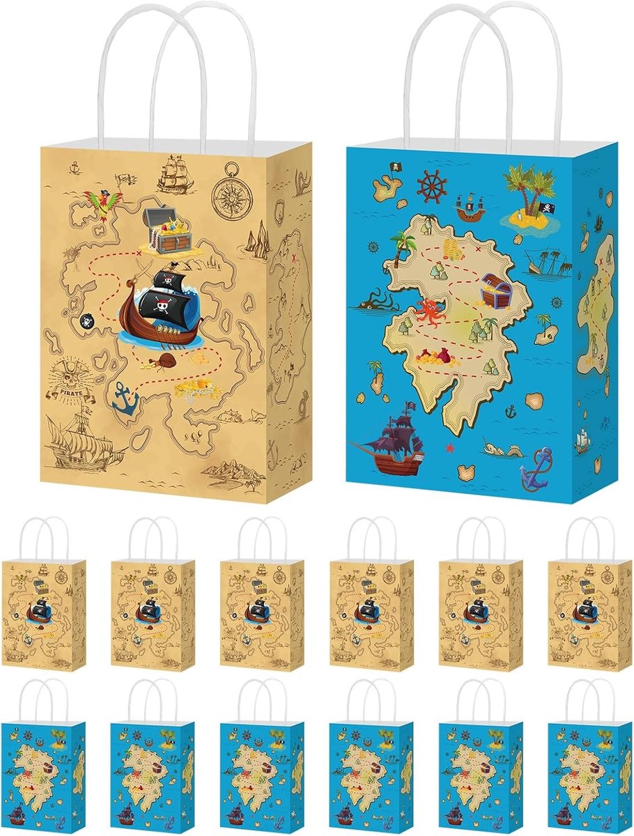 SnelShoppen - 12 Stuks Piraten Cadeautassen 21x15x8 cm - Kraft Papieren Tassen met Handvat voor Verjaardagsfeest, Piratenfeest, Cadeauverpakking, Herb