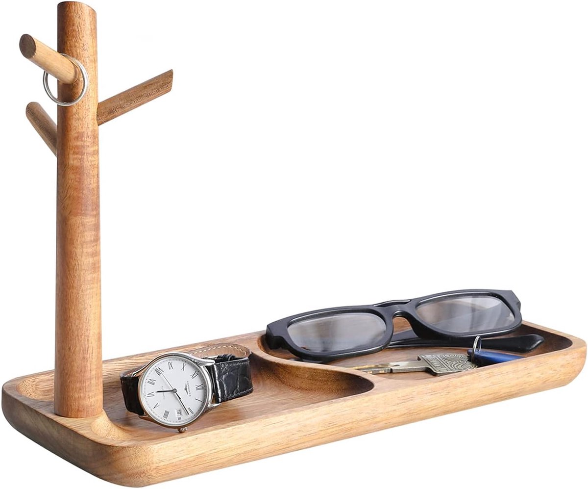 SnelShoppen - Houten Sleutelschalen voor Entree, Multifunctionele Sieradenhouder met 3 Hangorganizers, Acaciahout, Catchall Tray voor Sleutels, Ringen