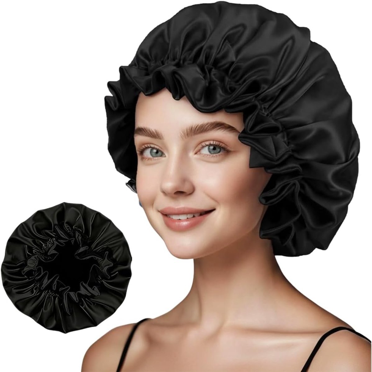 SnelShoppen - Douchemuts Dubbellaags met Zwarte Ruches - Elegante Badhoofdband voor Vrouwen - Groot Formaat - Hypoallergeen en Zacht Polyester - Perfe
