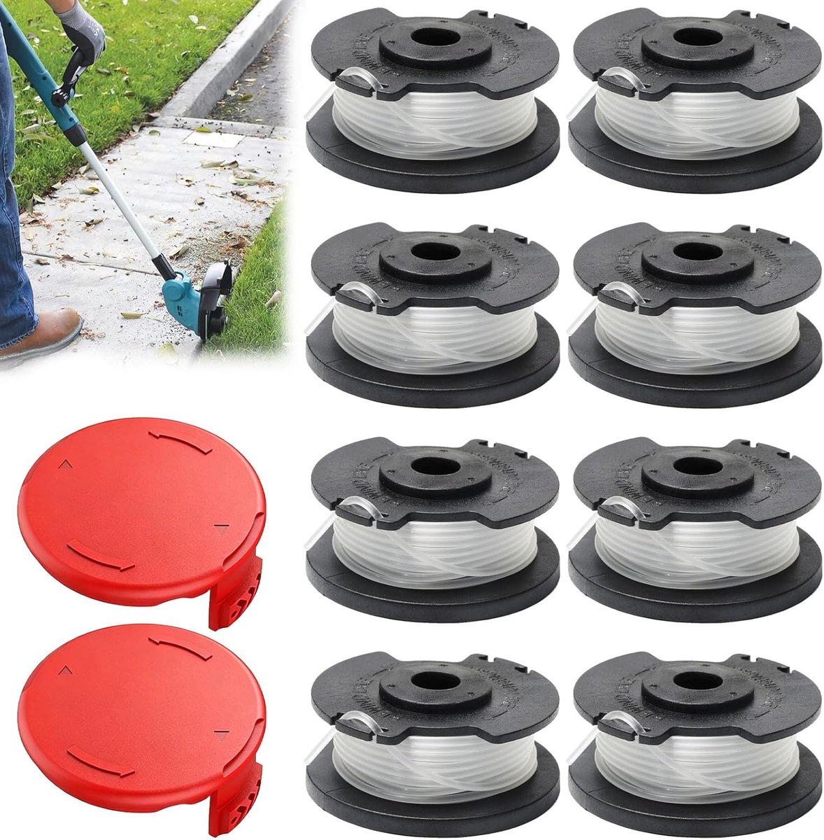SnelShoppen - 8 stuks Reservedraadspoel voor Grastrimmers, Nylon Grastrimmerdraden 4,9 m x 1,6 mm, Vervangende Trimmerspoelen met Spoeldoppen voor Tui