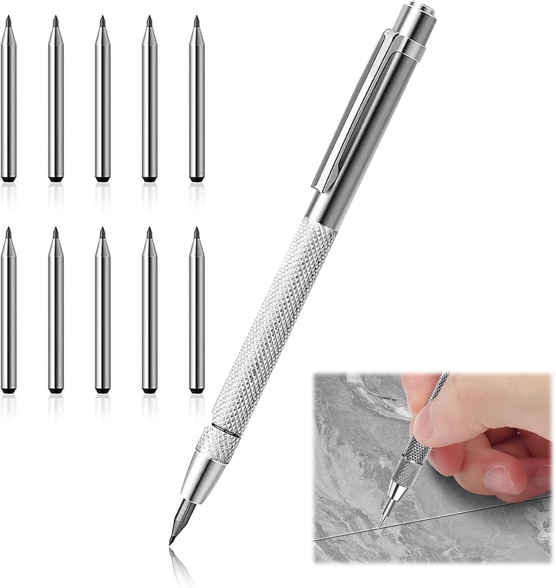 SnelShoppen - Tungsten Carbide Tekenpennen Set met 10 Vervangtips - Perfect voor Metaal, Glas, Keramiek, Hardened Steel, Ergonomisch en Duurzaam