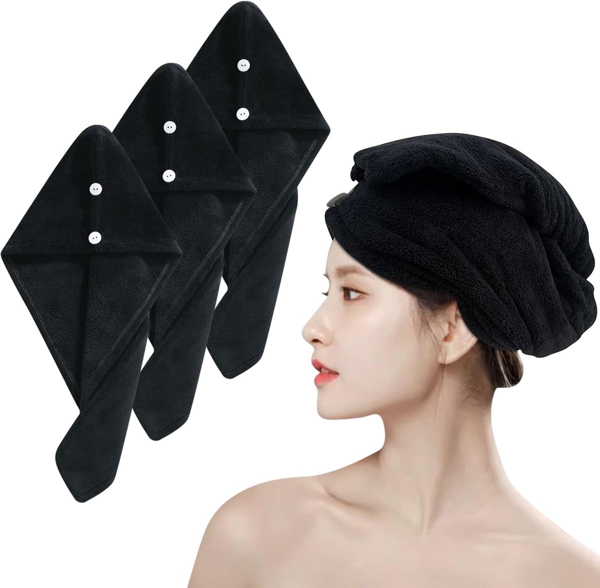 SnelShoppen - 3-Pack Microfiber Haar Handdoek, Super Absorberende Haar Turbans met Knoop voor Lang Nat Haar, Sneldrogende Haar Handdoek Wrap voor Vrou