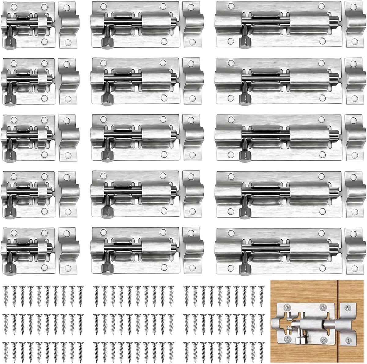 SnelShoppen - 15pcs RVS Latch Deurslot met 90 Schroeven, Roestvrij Staal, 1.2/2/3 Inch, Ideaal voor Tuinpoort, Badkamer, Schuur en Ramen