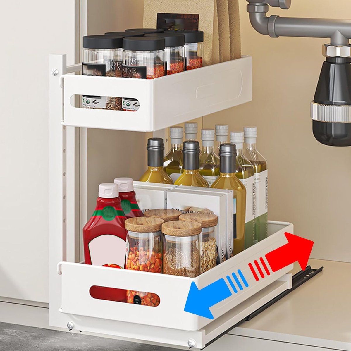 SnelShoppen - Storage Organizer 2 Levels Keuken en Badkamer - Uittrekbare Geluidsloze Lade met Stalen Bullets - Multifunctioneel - Zonder Boren - Wit