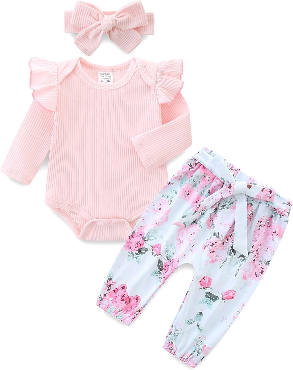 SnelShoppen - Baby Meisjes Kleding Set - Lange Mouwen Romper, Print Broekjes en Haarband - Nieuwborn Kleding 0-3 Maanden - Zachte Katoen Polyester Com
