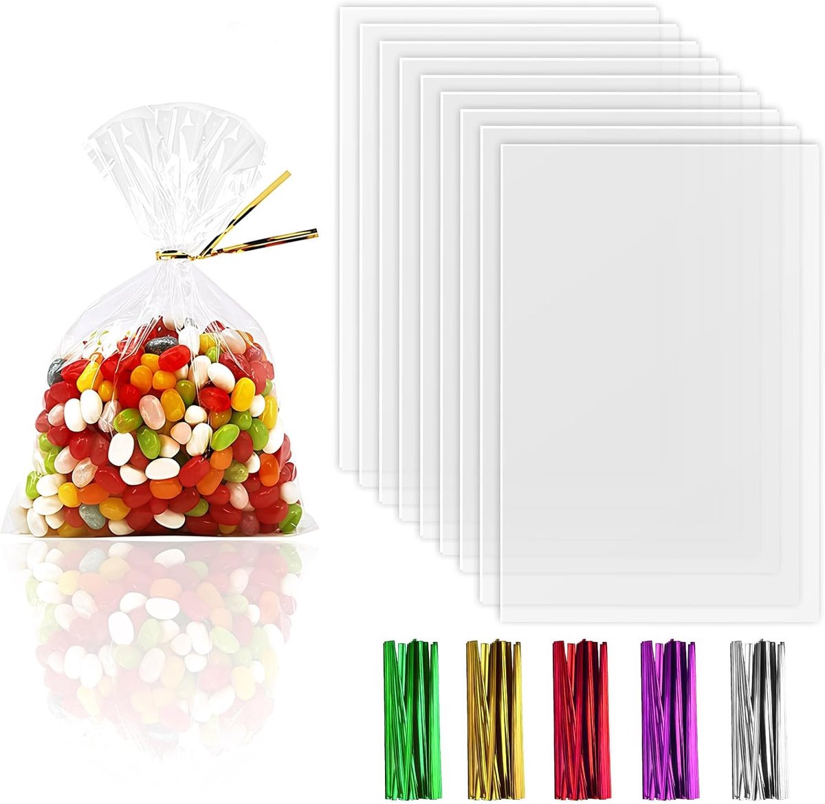 SnelShoppen - 200 Transparante Snoepzakjes 8x12 cm met Kleurrijke Bindbanden - Perfect voor Bruiloften, Kerstmis, Kinderverjaardagen en Cadeaus