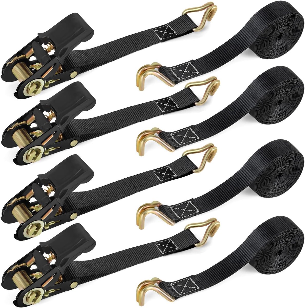 SnelShoppen - 4x 800 kg Heavy Duty Ratchet Lashing Straps met Haak, 6m x 25mm, Dubbele J Haak, Rubber Coated Handvatten, Ideaal voor Motoren, Auto's e