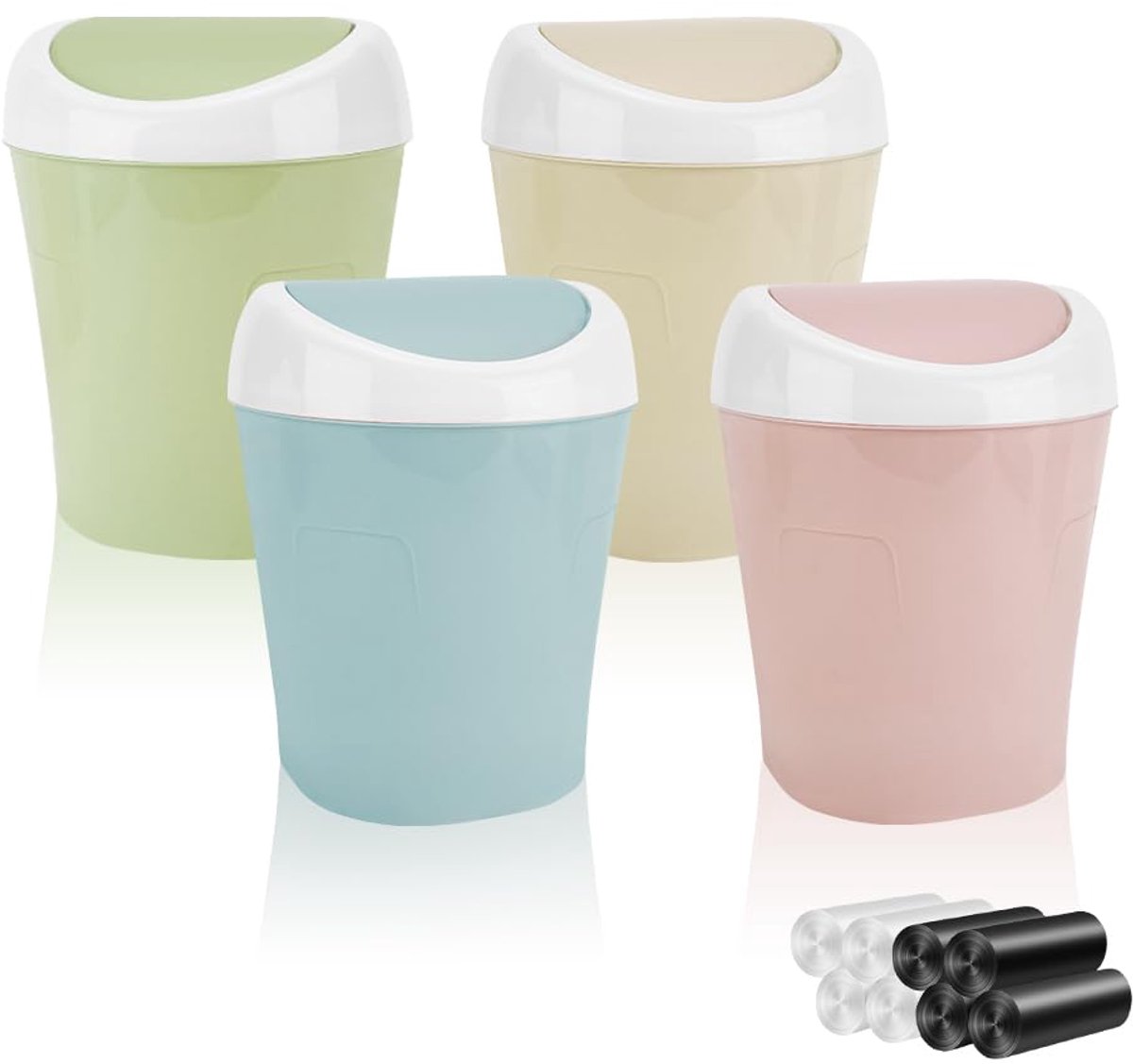 SnelShoppen - Pack van 4 Mini Afvalbakken met Deksel, Kleine Tafelafvalbak met Swingdeksel en 8 Rol Vuilniszakken, Kleurrijke Mini Prullenbak, 10x12x1