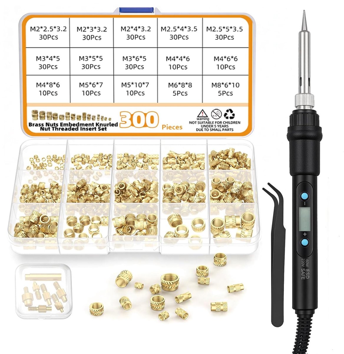 SnelShoppen - 310-delige Soldering Iron Set met 60W, 180-500°C Rotabele Soldering Tips, 300 Stuks Messing Draad Inserts M2/M2.5/M3/M4/M5/M6/M8 voor 3D