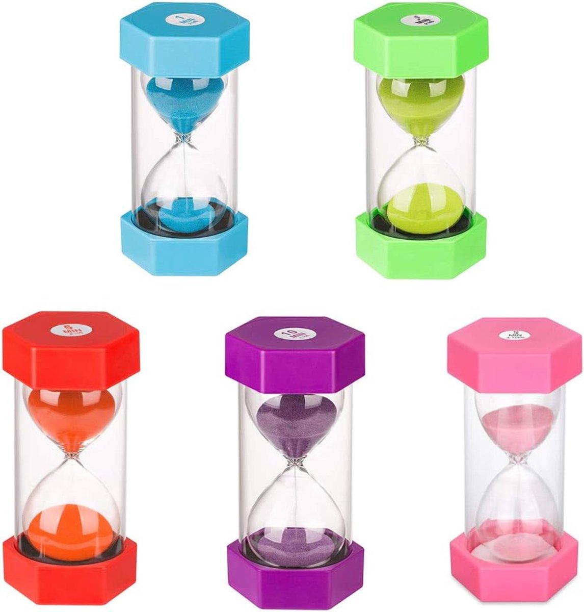 SnelShoppen - Colorful Kinderen Leer Klok Zandloper Set Decoratieve Glazen Timer 1, 3, 5, 10, 30 Minuten (5 Stuks) - Perfect voor Speelgoed, Onderwijs