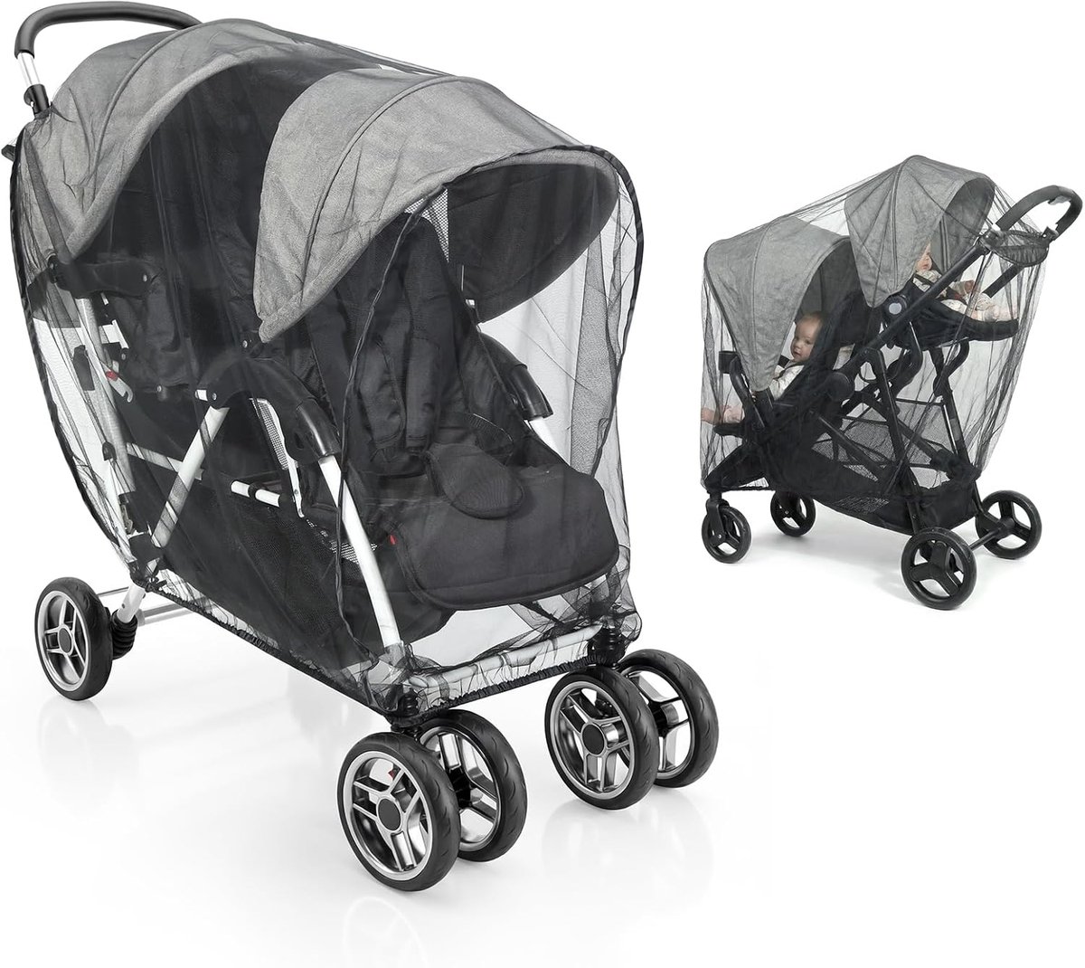 SnelShoppen - Universele Mosquito Net voor Kinderwagens en Tandem Stoelen, Ademend en Robuust, Duurzaam Polyester, Zwart, Makkelijk te Installeren en