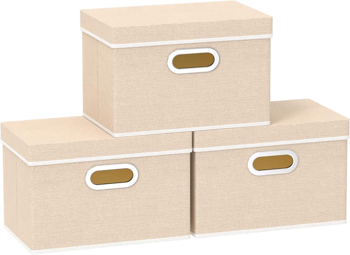 SnelShoppen - Opbergdozen met Deksel - Vouwbare Opbergbakken - Wasbare Stoffen Dozen - 38x25x25cm - Beige - 3-Pack - Voor Kleding, Slaapkamer, Woonkam