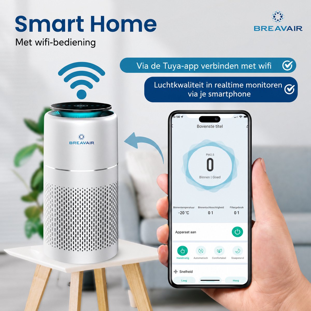 Luchtreiniger / Air Purifier – HEPA H13 – Koolstoffilter – Filtert tot 99,97% van fijne deeltjes – CADR 330 m³/u – Tot 40 m² – Tegen Pollen, Stof, Rook & Geuren – Bij Allergieën & Hooikoorts – WiFi/App thumbnail 3
