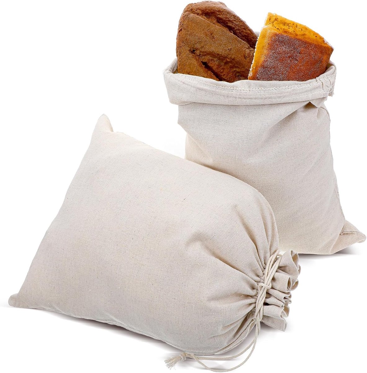 SnelShoppen - Herbruikbare Broodzakken Set van 2 - Linnen, Ongebleekt, 40x30 cm - Ideaal voor Brood, Baguettes, Fruit en Groenten - Met Trekkoord voor