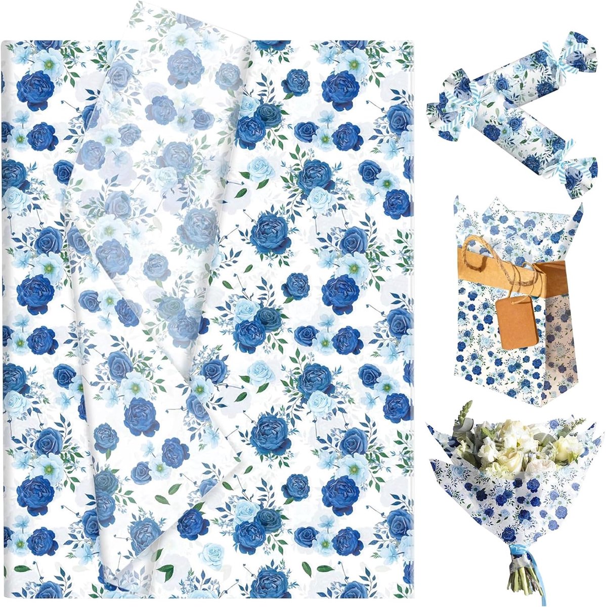 SnelShoppen - 50 Stuks Blauwe Bloemen Cadeaupapier - Aquarel Bloemenpatroon - Perfect voor Babyshower, Verjaardag, Bruiloft en Feestdecoratie