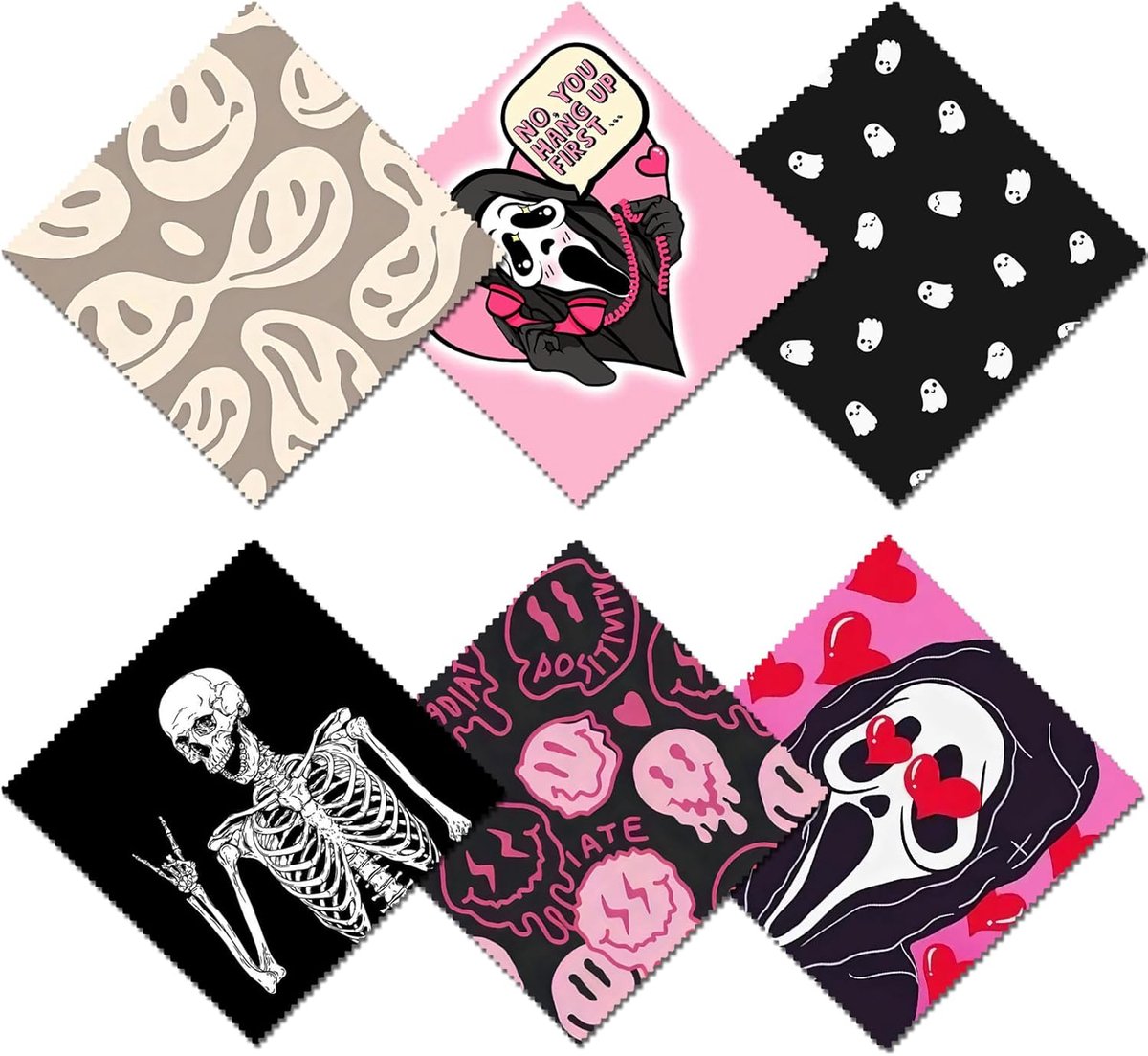 SnelShoppen - Pack van 6 Herbruikbare Microvezel Glazen Doeken 16x16 cm voor Brillen en Schermen, Schattig Design voor Vrouwen (B5 Skull Skeleton)